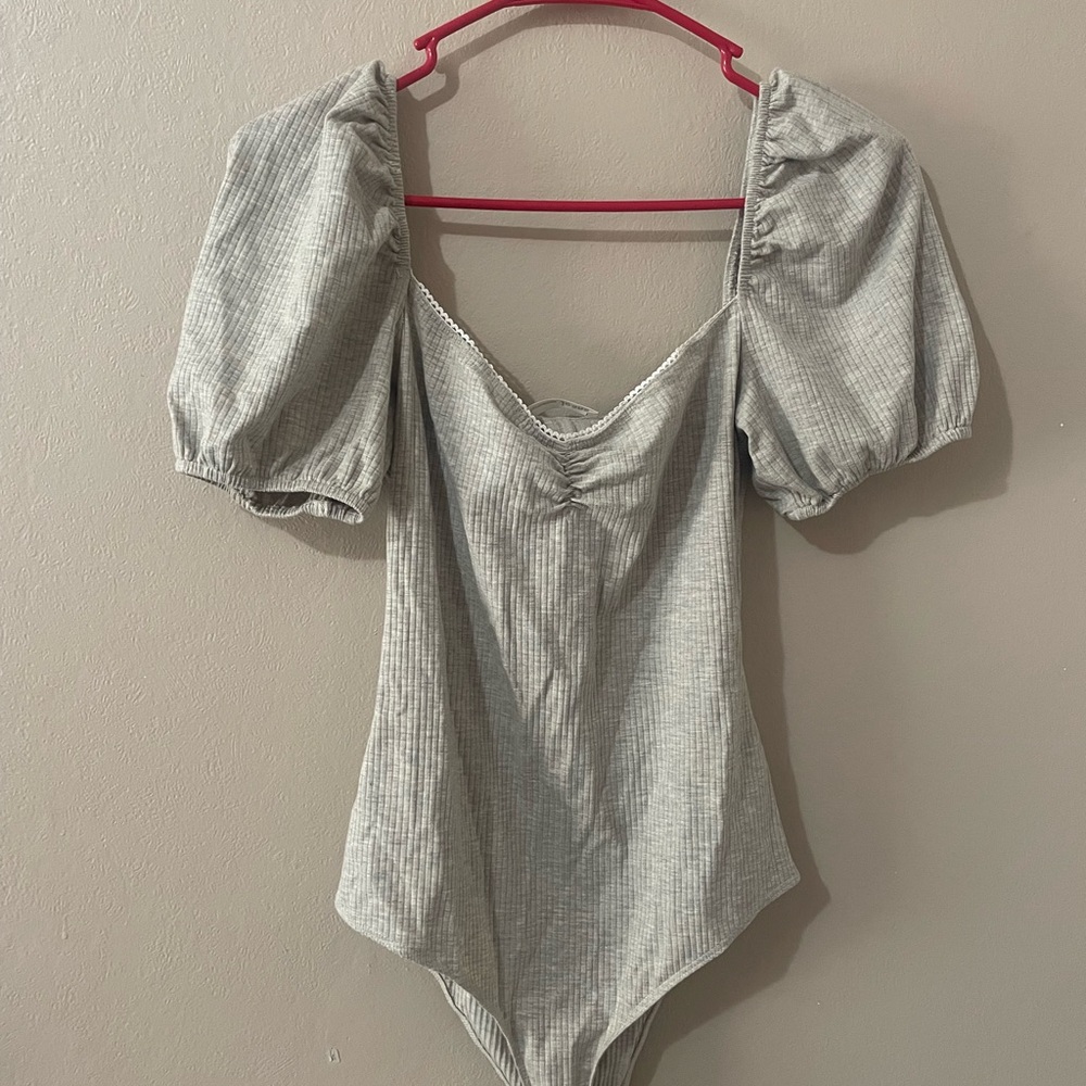 Reformation Gray Puff Sleeve Bodysuit